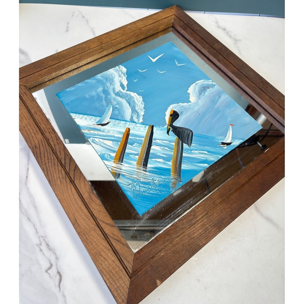 Vintage Pelican Sailboat Nautical Oil Painting on Mirror Wood Frame Signed Art